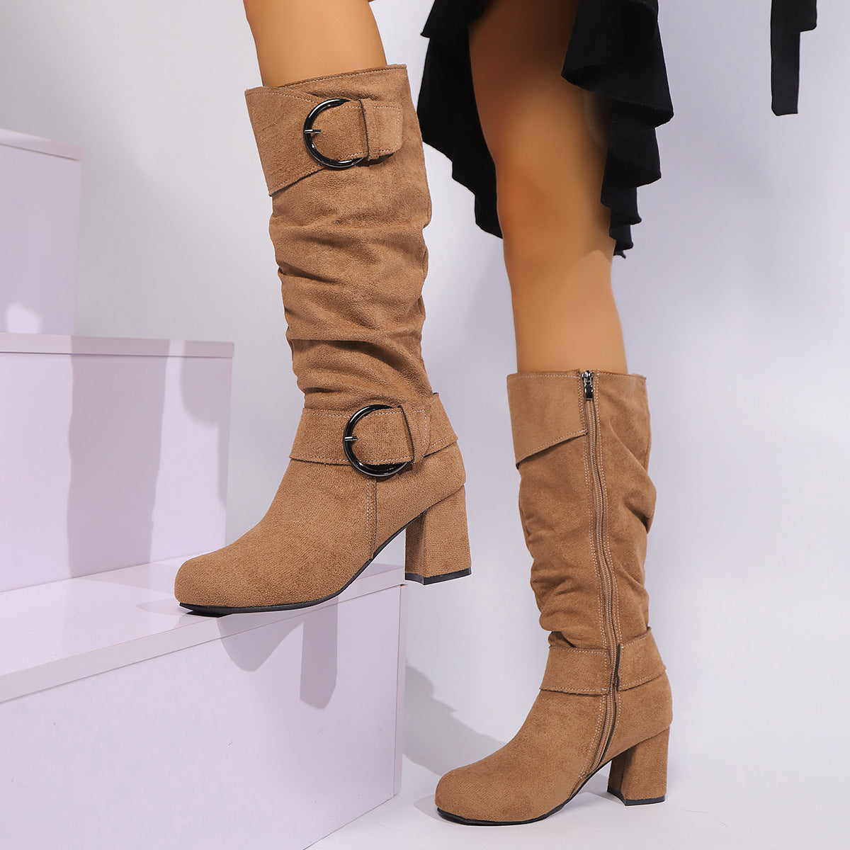 Suede Buckle Detail Chunky Heels Knee-high Boot