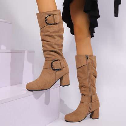 Suede Buckle Detail Chunky Heels Knee-high Boot