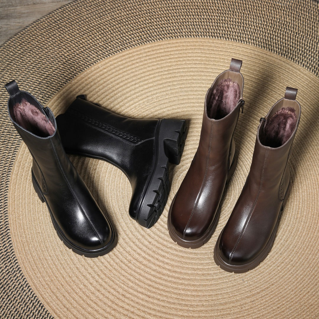 Fleece-lined Mid-calf Chunky Heel Zip-up Boots