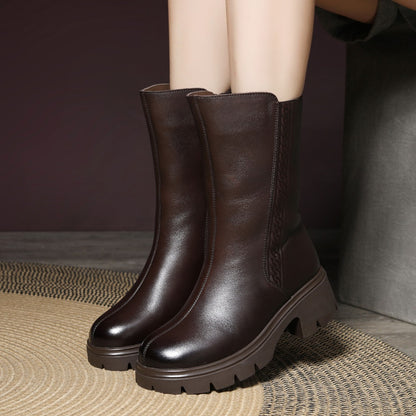 Fleece-lined Mid-calf Chunky Heel Zip-up Boots