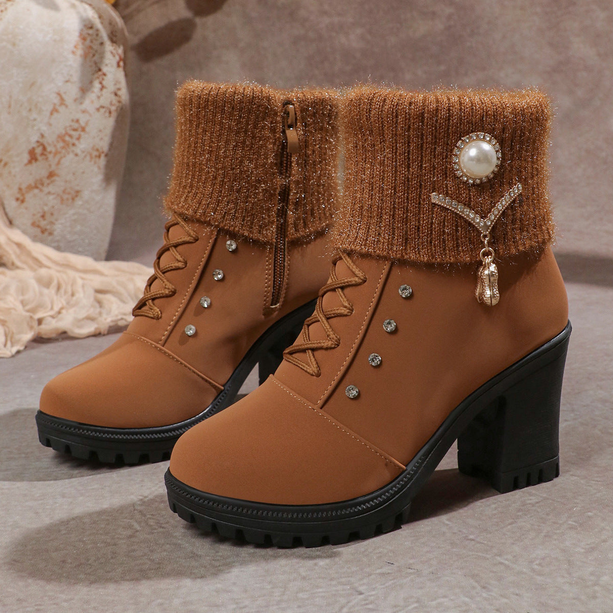 Fluffy Warm Rhinestone Ankle Snow Boots