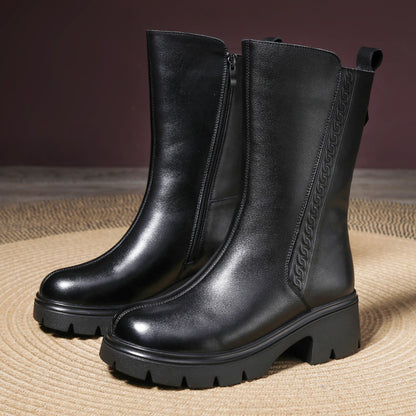 Fleece-lined Mid-calf Chunky Heel Zip-up Boots