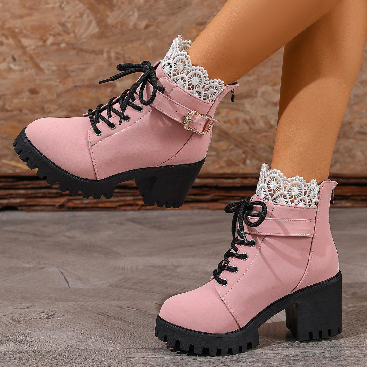 Lace-up Buckle Lace-trimmed Chunky Heeled Combat Boots