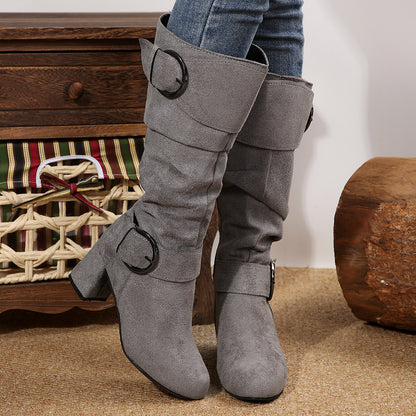 Suede Buckle Detail Chunky Heels Knee-high Boot