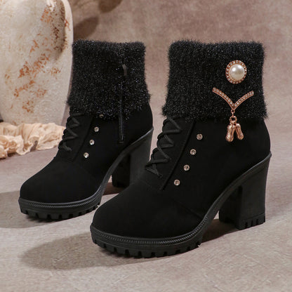 Fluffy Warm Rhinestone Ankle Snow Boots