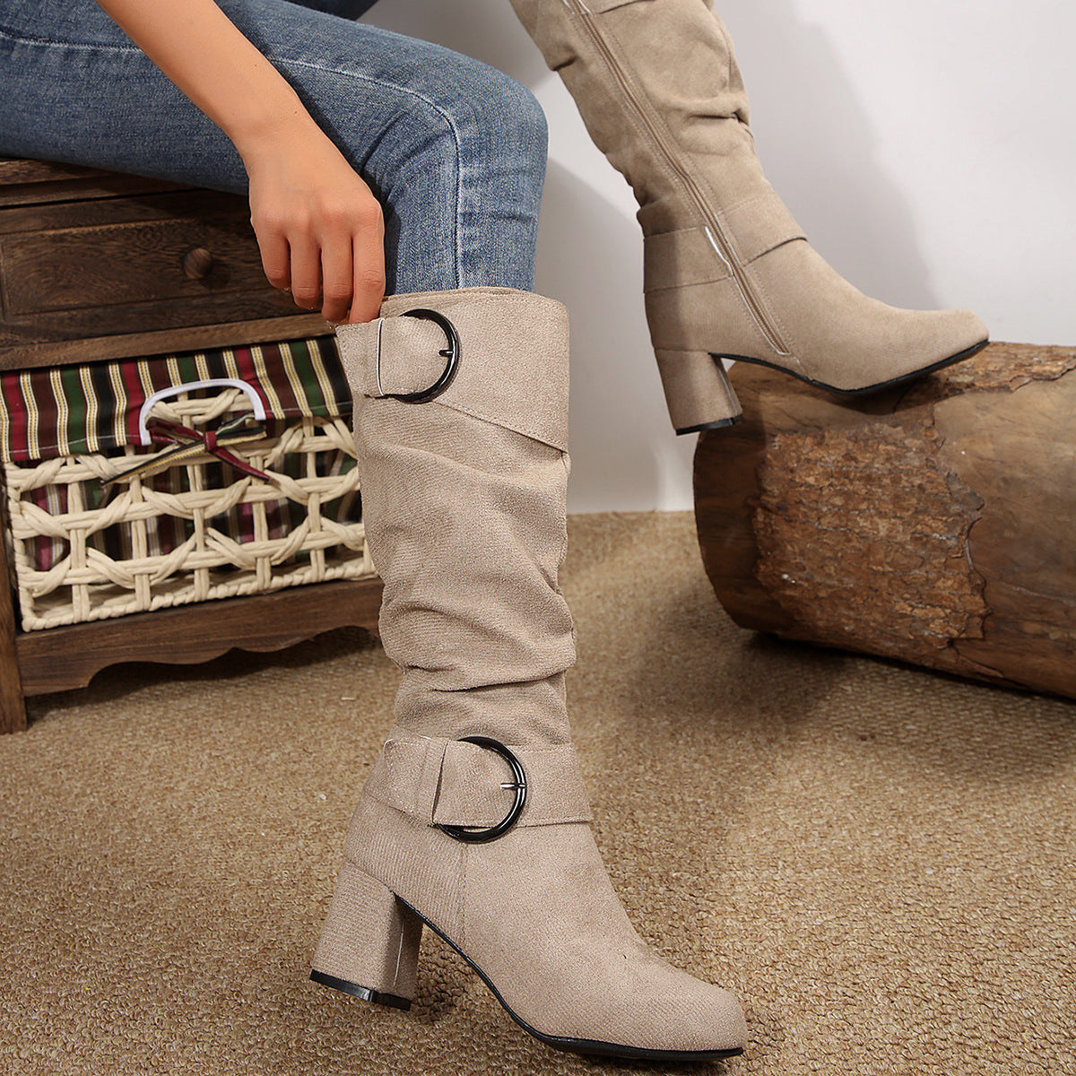 Suede Buckle Detail Chunky Heels Knee-high Boot