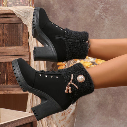 Fluffy Warm Rhinestone Ankle Snow Boots