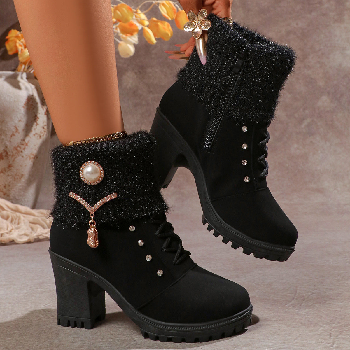 Fluffy Warm Rhinestone Ankle Snow Boots