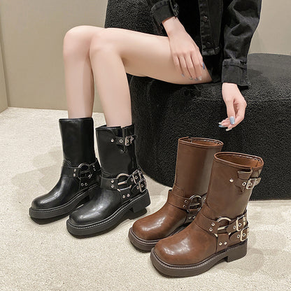 Buckle Straps Retro Square-toed Biker Boot