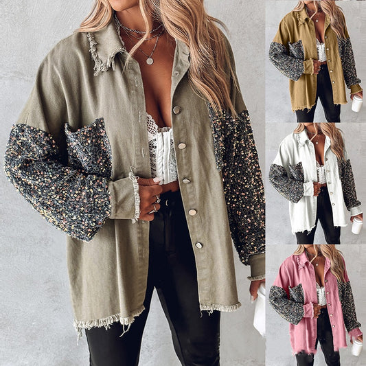 Long sleeved Denim Jacket With Sequin Patchwork