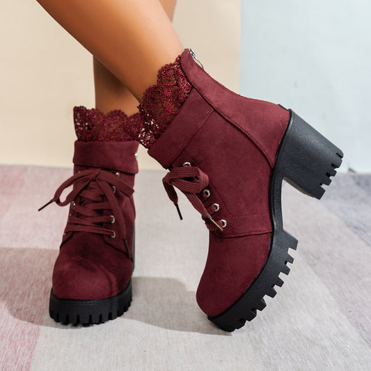 Zipper Design Embroidered Platform Ankle Boots