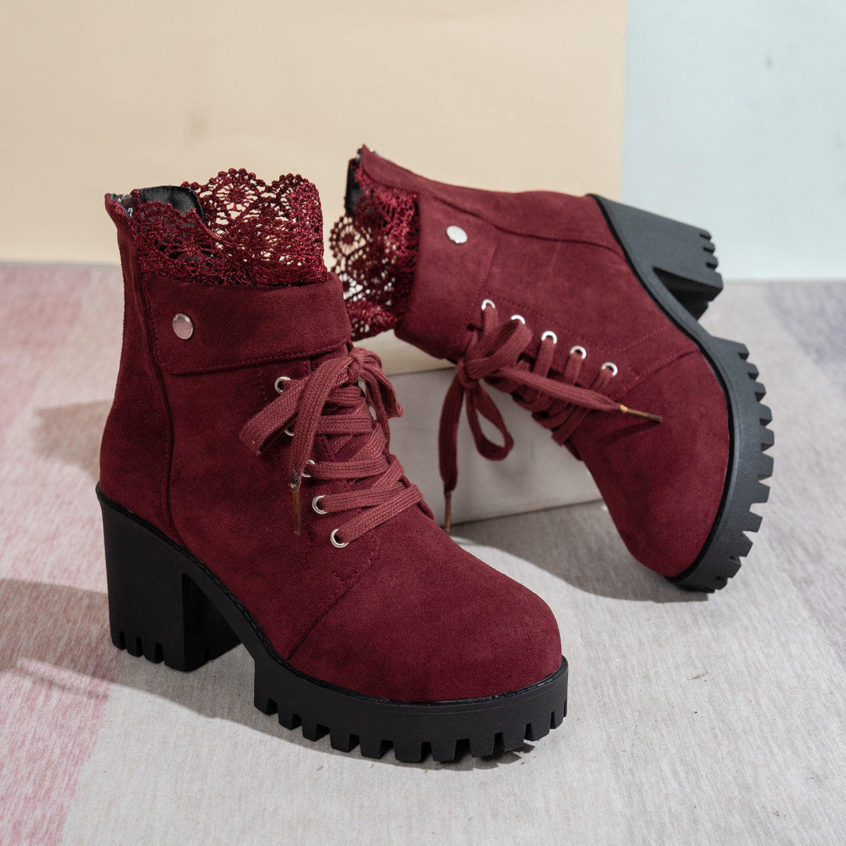 Zipper Design Embroidered Platform Ankle Boots