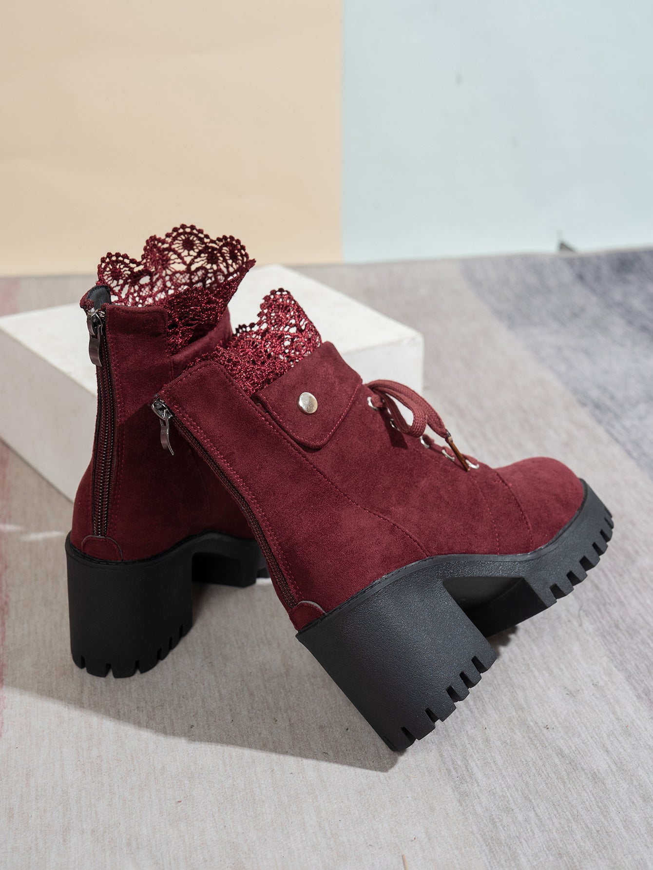 Zipper Design Embroidered Platform Ankle Boots