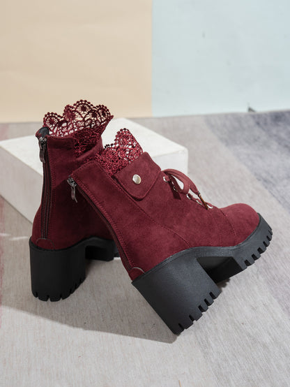 Zipper Design Embroidered Platform Ankle Boots