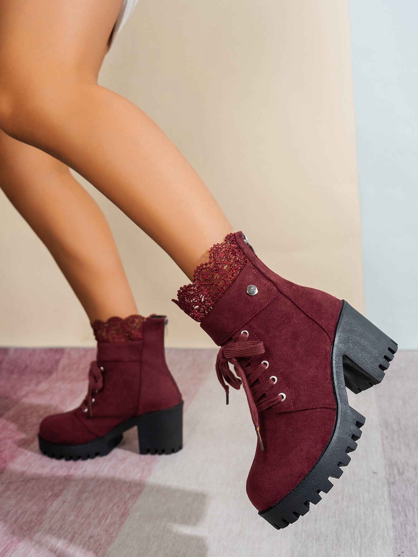 Zipper Design Embroidered Platform Ankle Boots