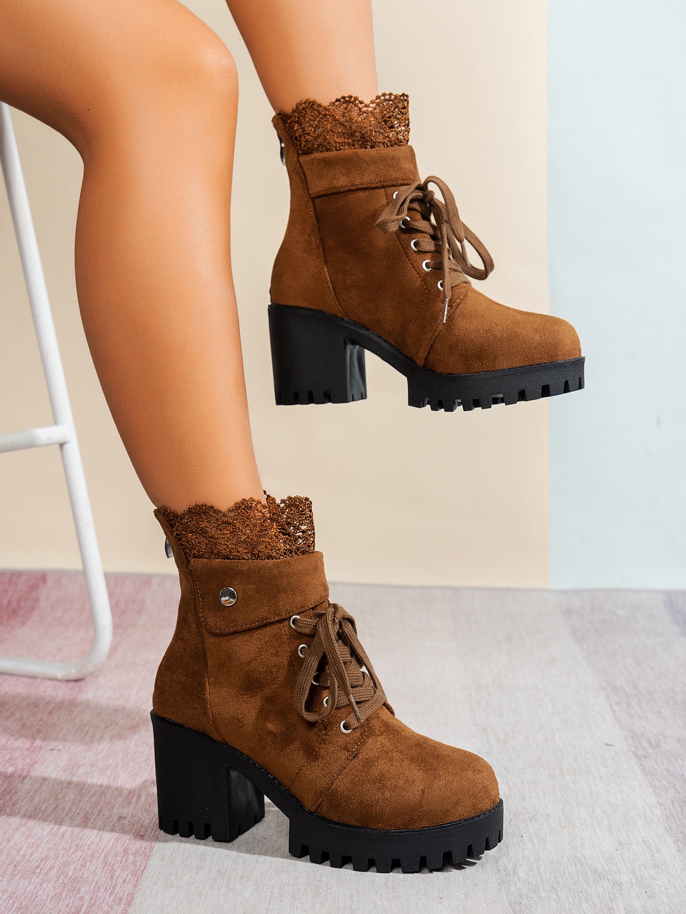 Zipper Design Embroidered Platform Ankle Boots