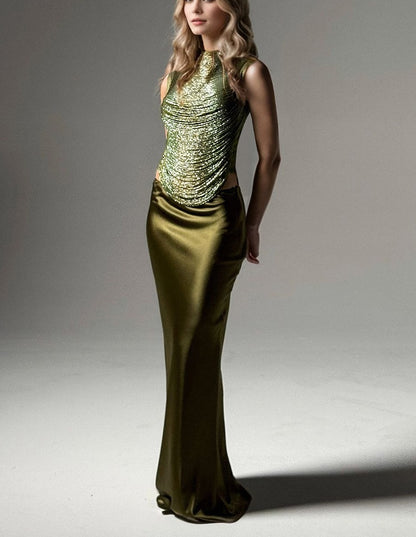 Sleeveless High-neck Fringe Paneled Top & Satin Skirt Set