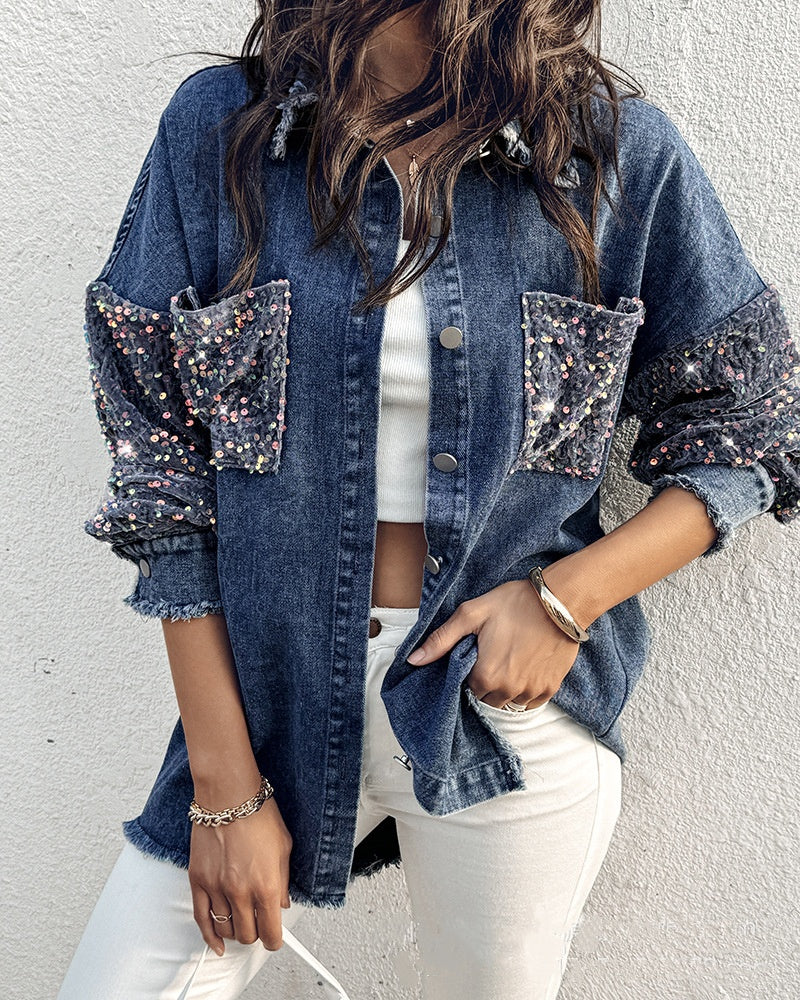Long sleeved Denim Jacket With Sequin Patchwork