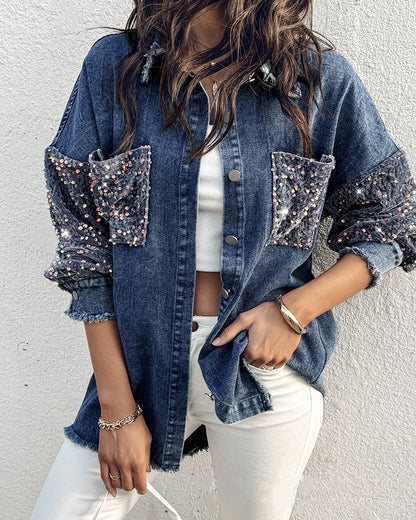 Long sleeved Denim Jacket With Sequin Patchwork