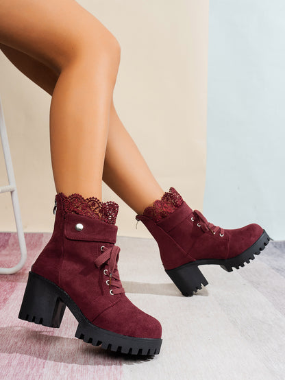 Zipper Design Embroidered Platform Ankle Boots