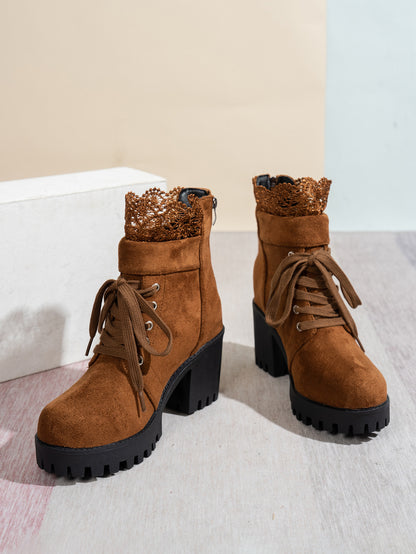 Zipper Design Embroidered Platform Ankle Boots