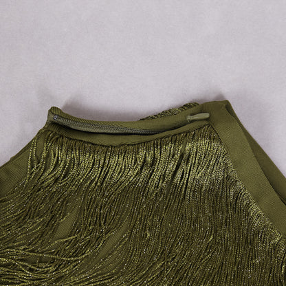Sleeveless High-neck Fringe Paneled Top & Satin Skirt Set