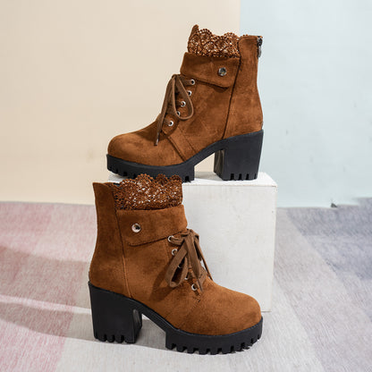 Zipper Design Embroidered Platform Ankle Boots