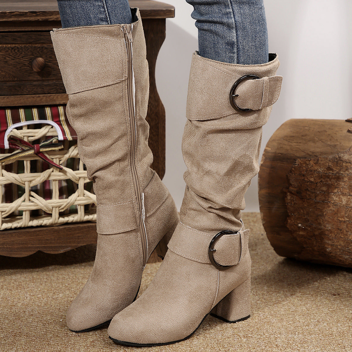 Suede Buckle Detail Chunky Heels Knee-high Boot