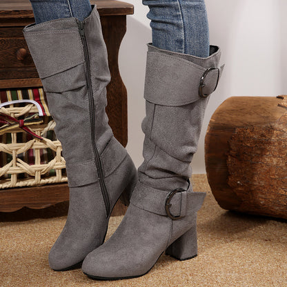Suede Buckle Detail Chunky Heels Knee-high Boot