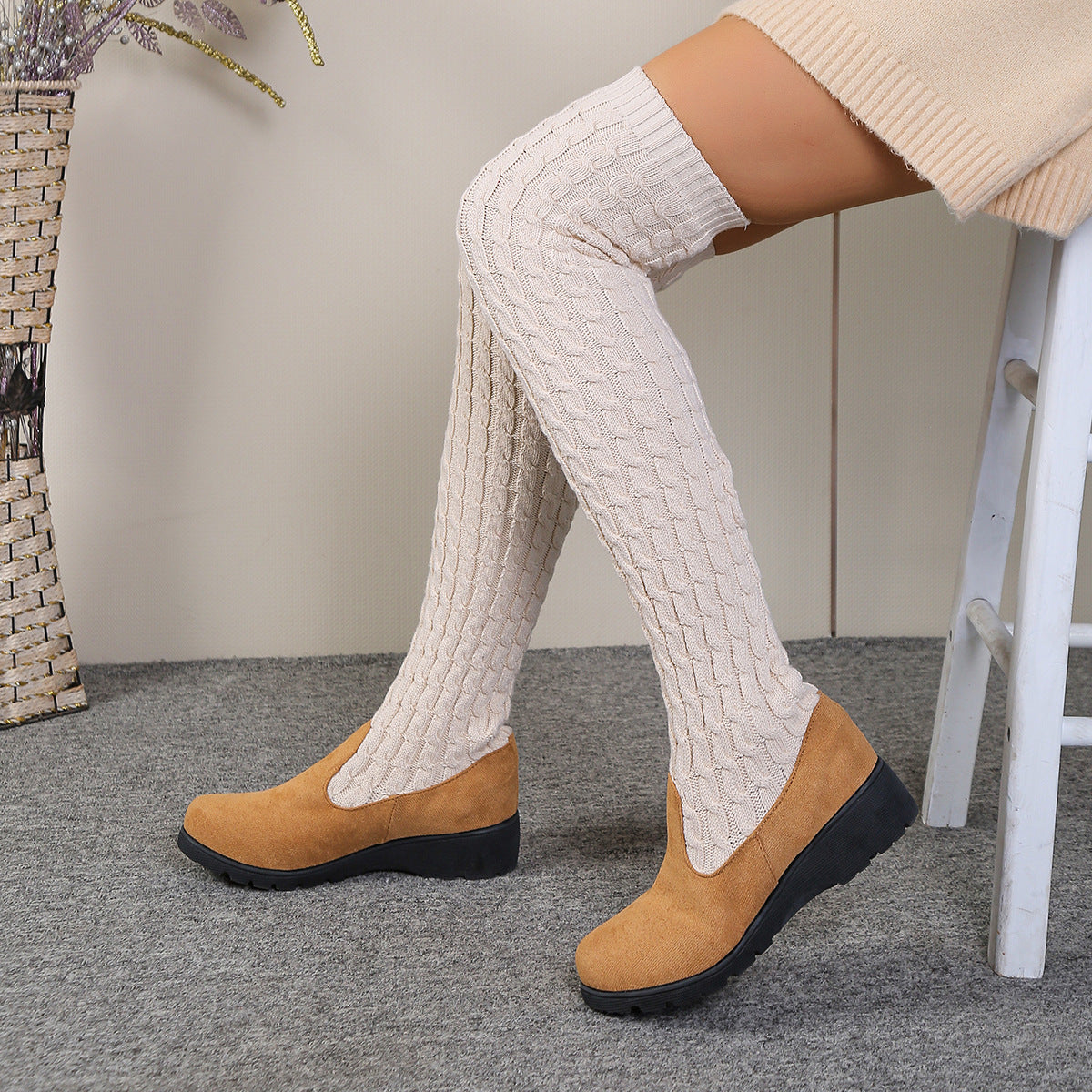 Thick-soled Knitted Over-the-knee Stretch Wedge Heel Boot