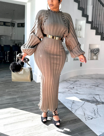 Elegant Ruffled Knit Dress Two-Piece Set