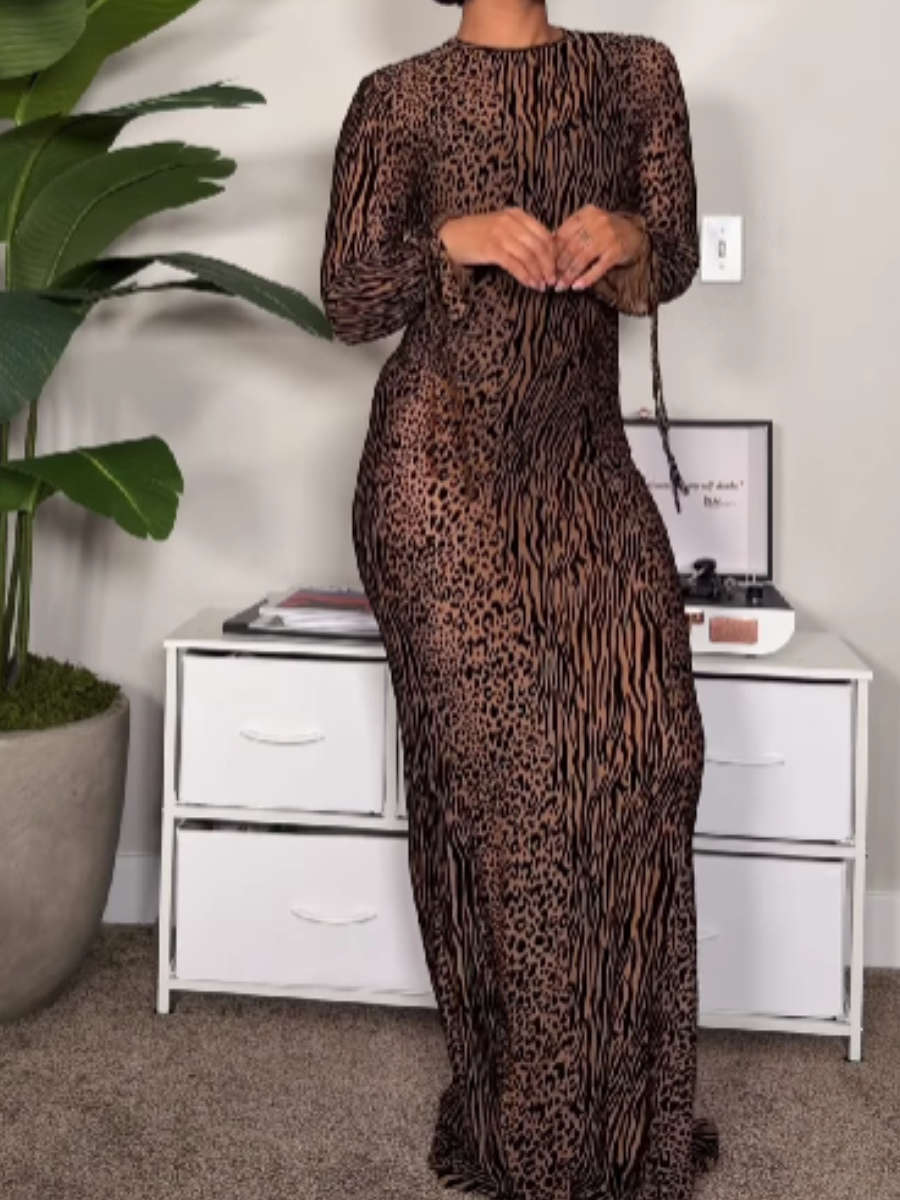 Sexy Long Sleeve Leopard Print Bodycon Dress