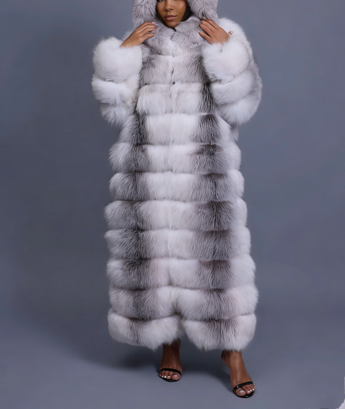 Long Length Fox Fur Trench Coat With Hood