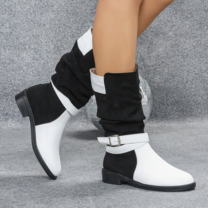 Chunky Heel Color-blocked Metal Buckle Embellished Boots