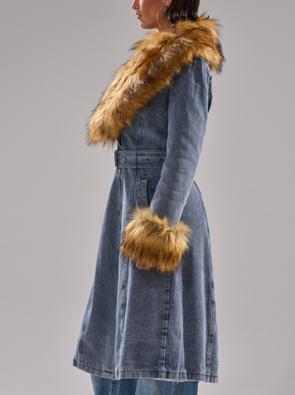 Fur Trim Denim Trench