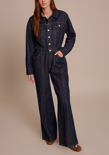 Long-sleeved Denim Jumpsuit