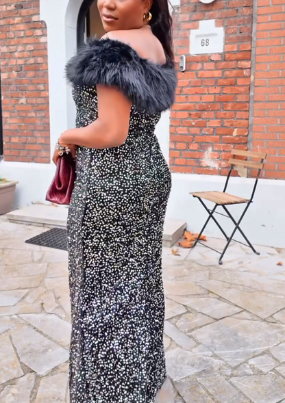 Rhinestone Decor Strapless Plush Collar Dress