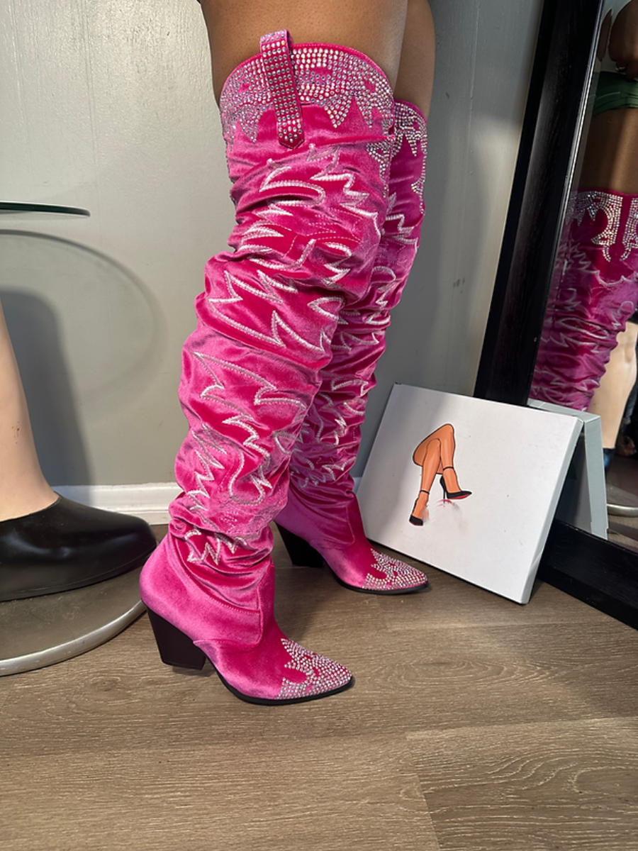 Velvet Rhinestone Embroidered Knee-high Boots