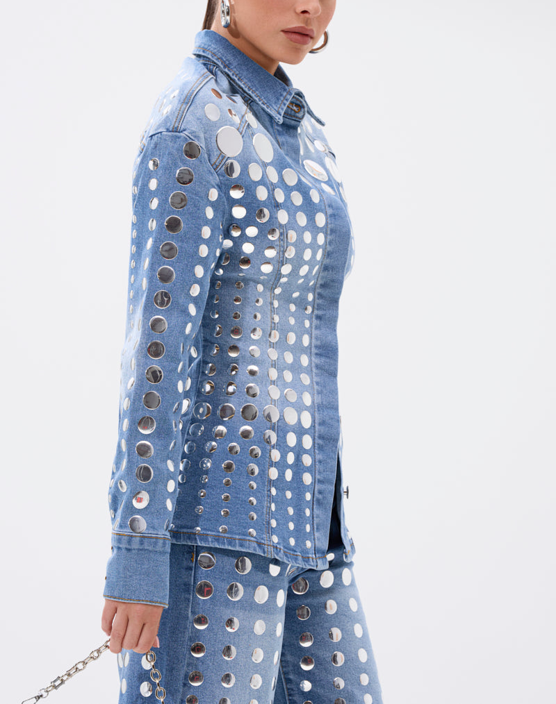 Round Metal Decoration Blue Denim Suit