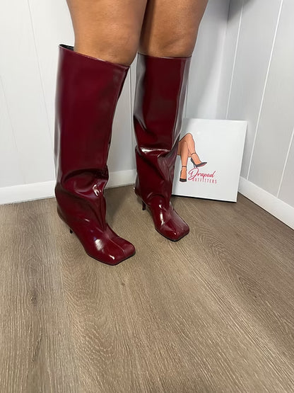 PU Camel Toe Knee High Kitten Heel Boots