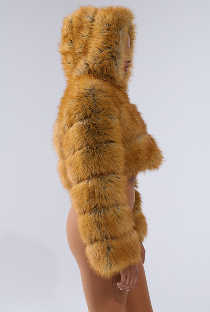 Golden Hooded Faux Fur Coat
