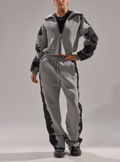 Black Lace Zip Up Hoodie Set