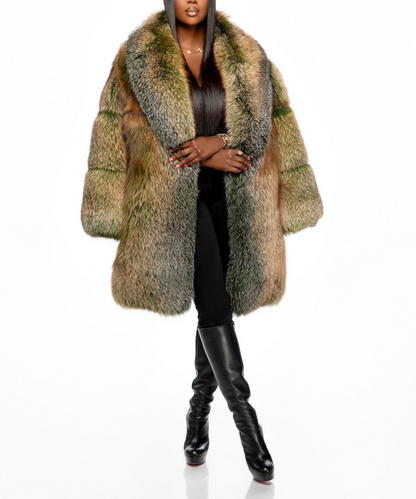 Green Trinity Mid Length Faux Fox Fur Coat