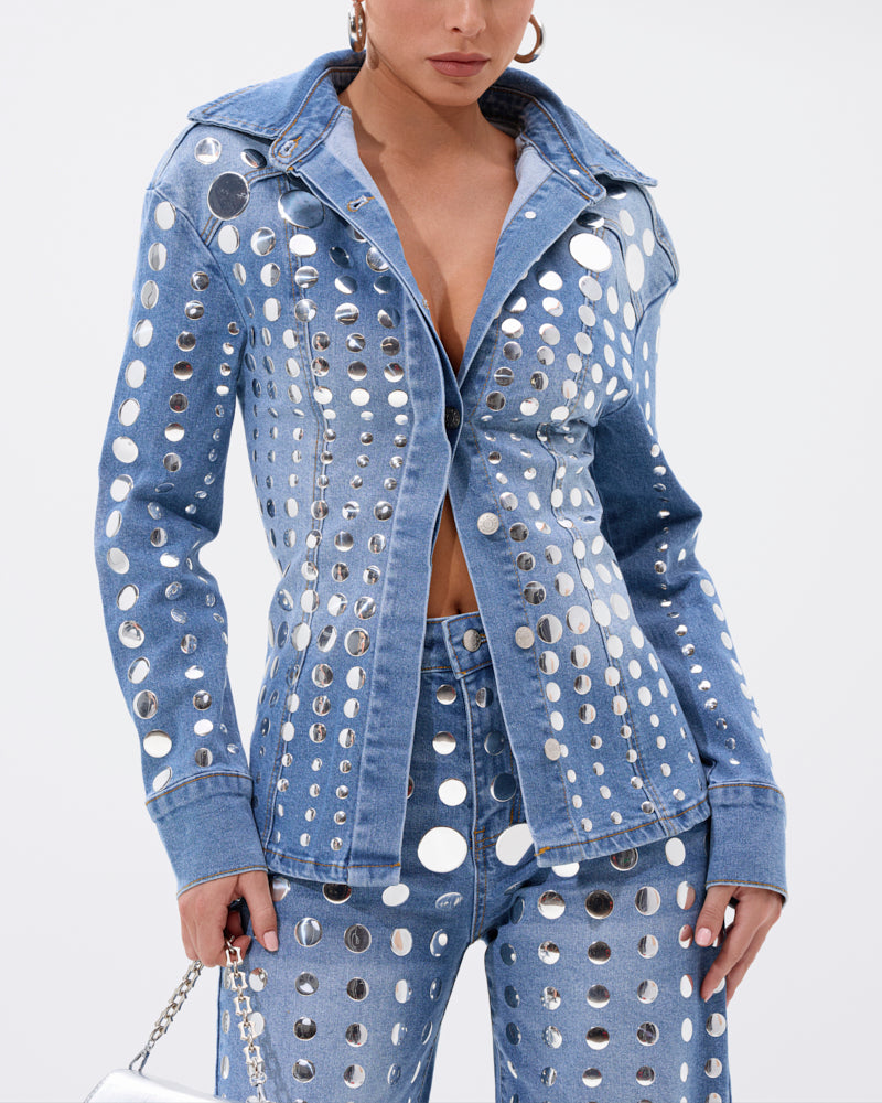 Round Metal Decoration Blue Denim Suit
