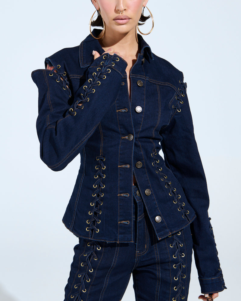 Off-shoulder Cross-strap Collar Fitted Denim Suit