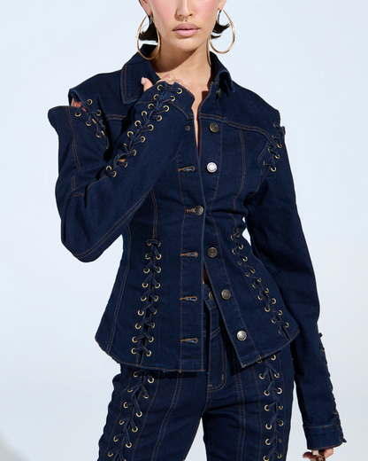 Off-shoulder Cross-strap Collar Fitted Denim Suit