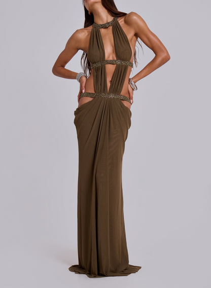 Strap Cutout Design Backless Drape Maxi Dress
