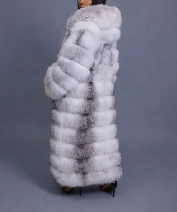 Long Length Fox Fur Trench Coat With Hood