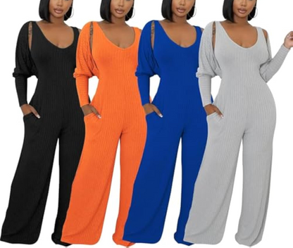 Long Sleeve Cape-style Vest Jumpsuit Set