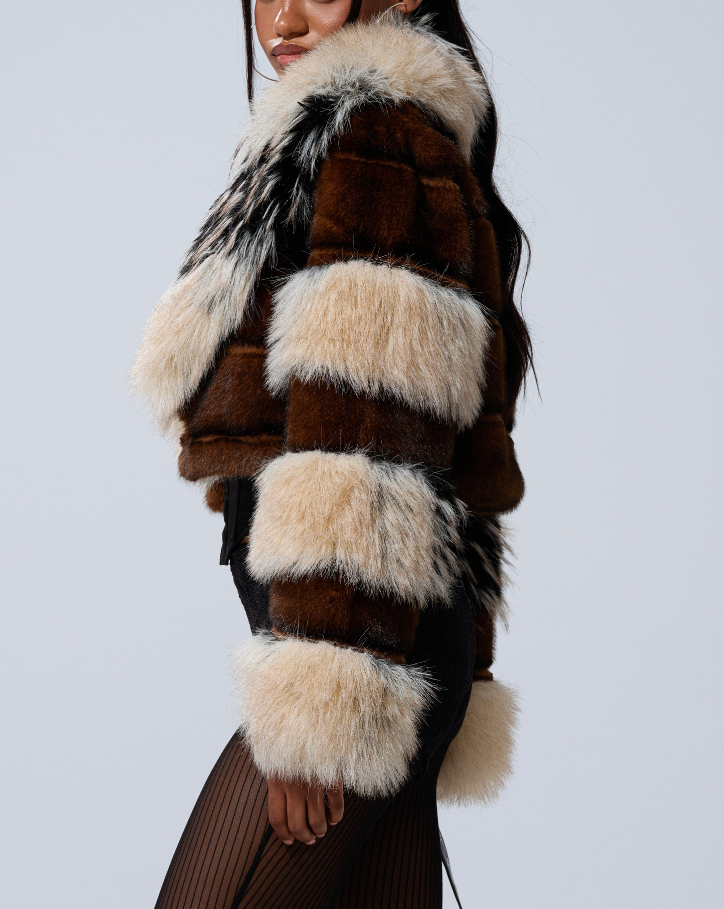 Color-blocked Cropped Faux Fur Jacket